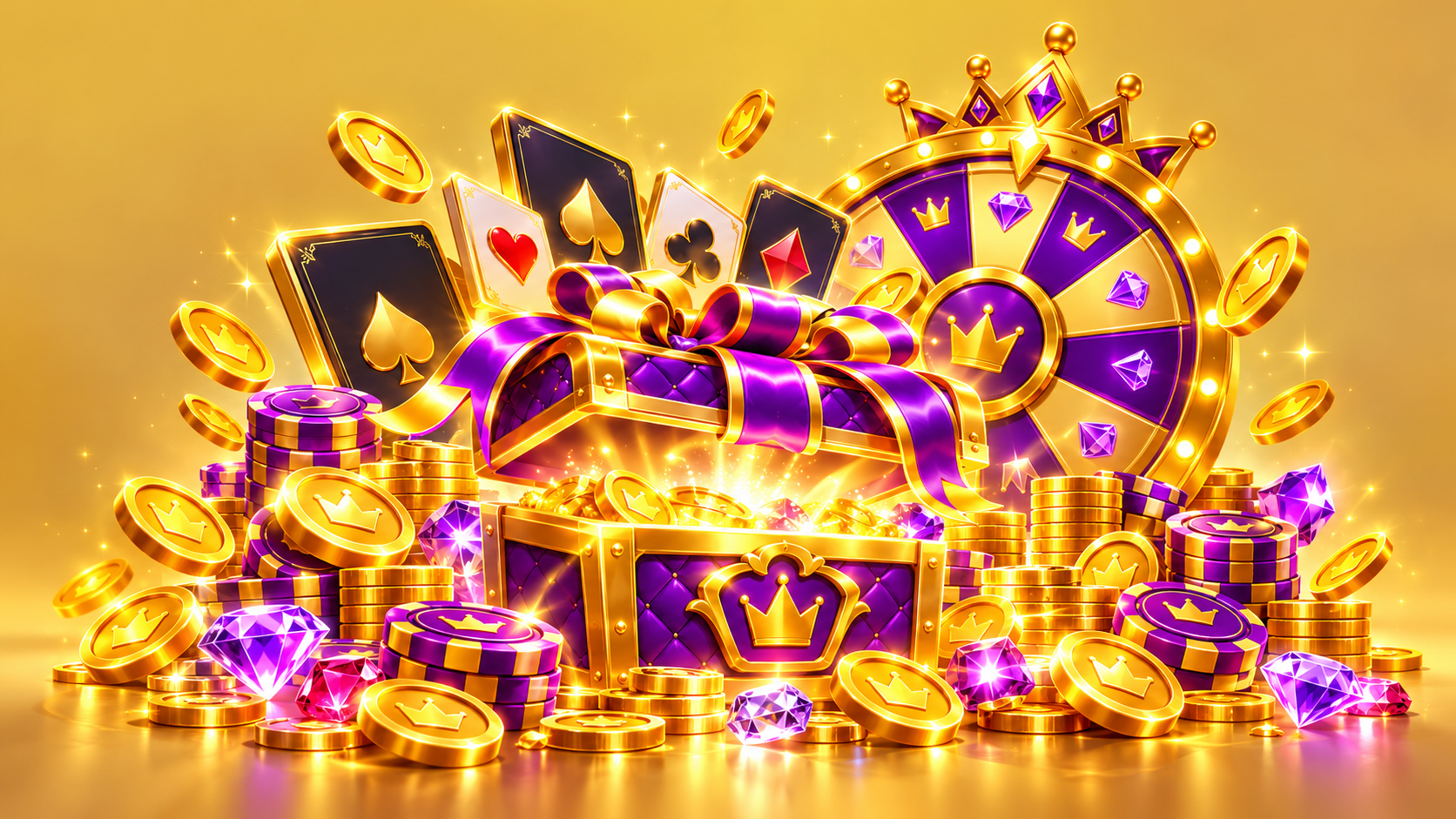 Royal Reels casino welcome bonus with gift box, gold coins, cards and free-spin wheel