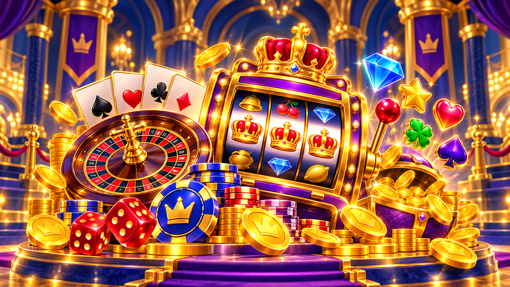 Royal Reels online casino games with slot reels, roulette, playing cards and casino chips