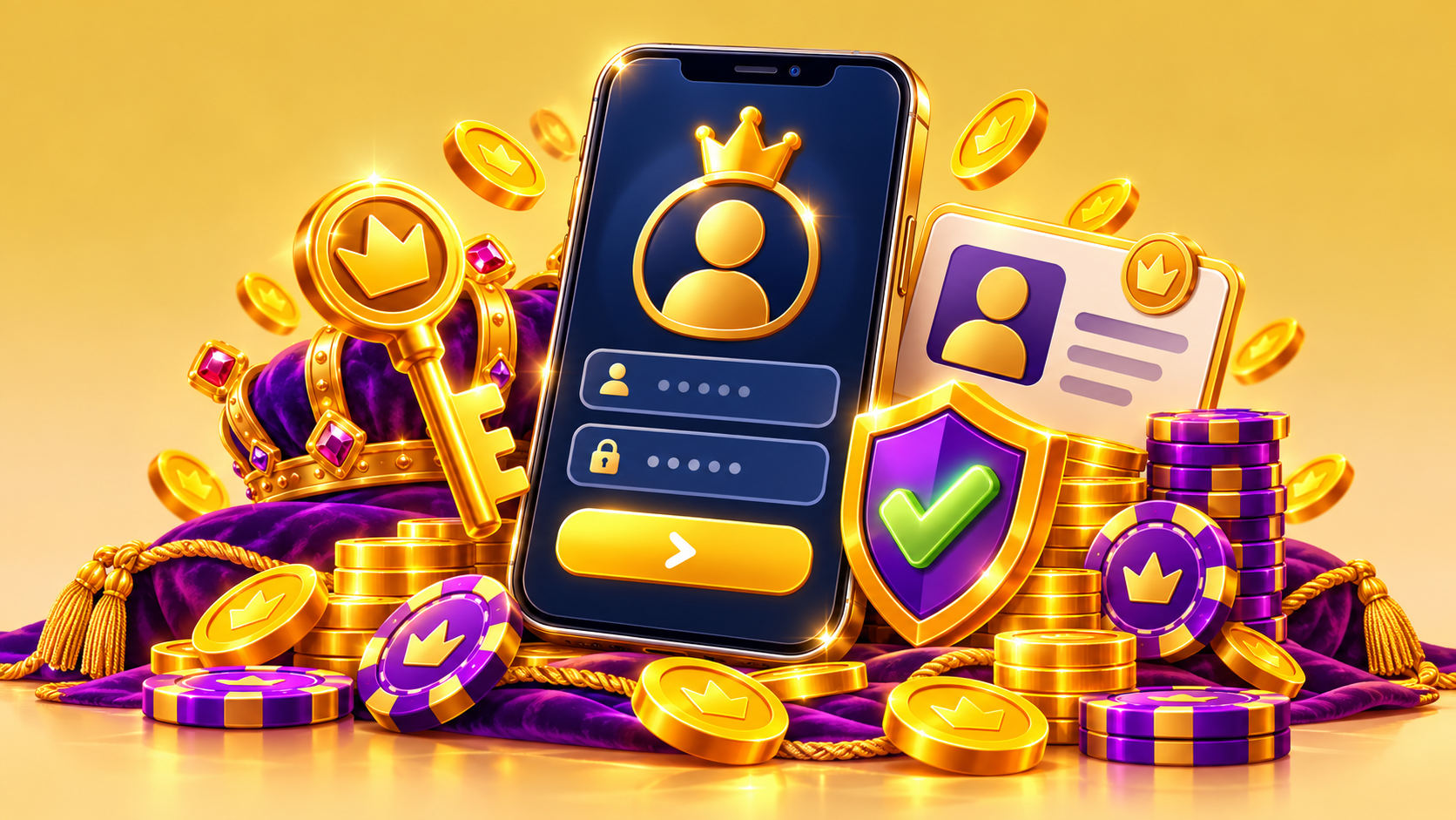 Illustration of account registration and login with a profile form, golden key and verification card