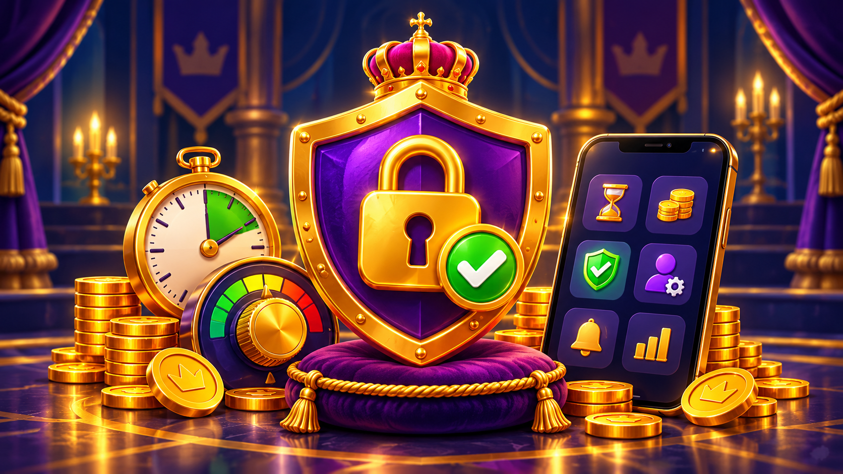 Royal Reels casino security shield with account verification, lock and responsible gaming limits