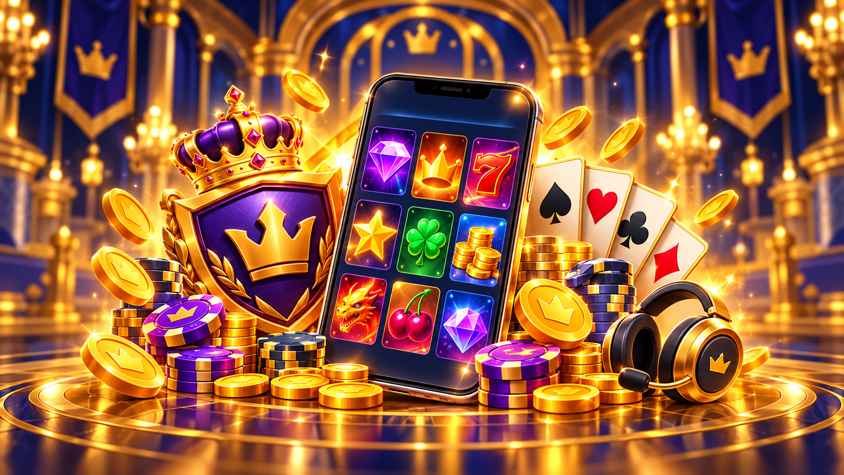 Royal Reels casino with gold playing cards, poker chips, mobile games and a player support symbol