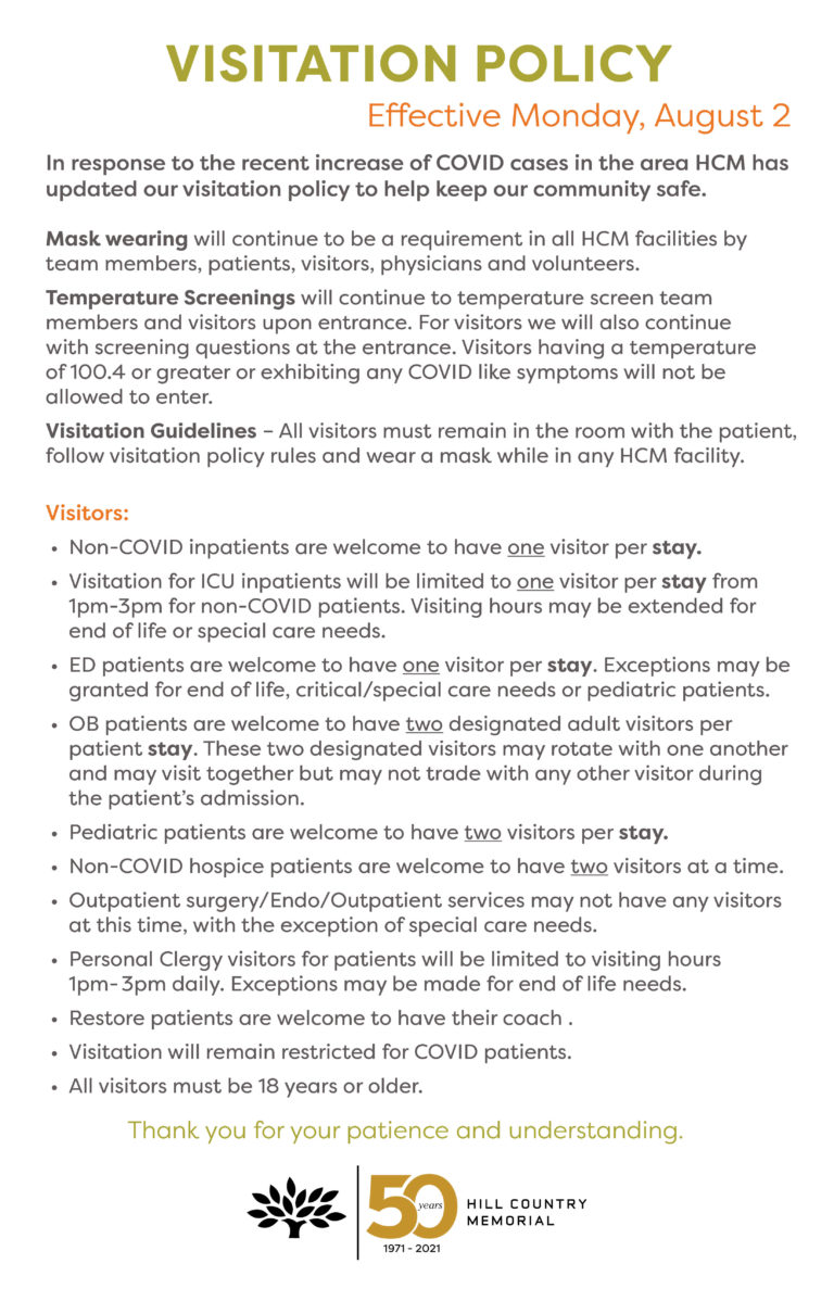 Visitation Policy Hill Country Memorial